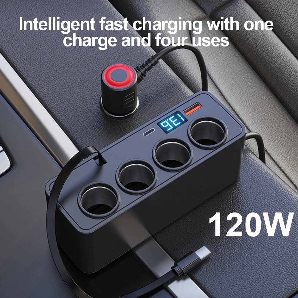 

Retractable USB Car Charger QC3.0+PD30W 12V-24V Car Cigarette Lighter Splitter 120W Fast Charging Power Adapter USB Phone Charge