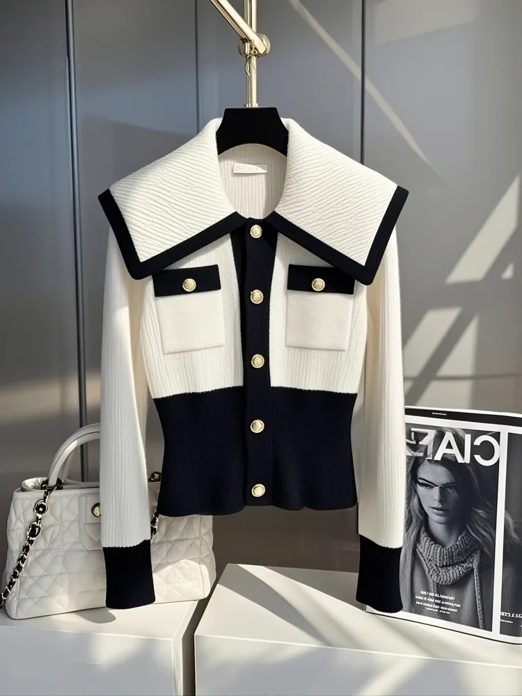 French Vintage Contrast-Color Knit Cardigan with Oversized Collar Slim-Fit Golden Button Short Jackets Commuting Office Ladies