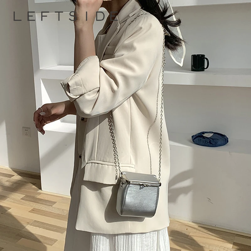 LEFTSIDE Cute Mini Design Silver Pu Leather Mini Crossbody Bag for Women 2024 Korean Fashion Handbags and Purses Chain Pinch Bag