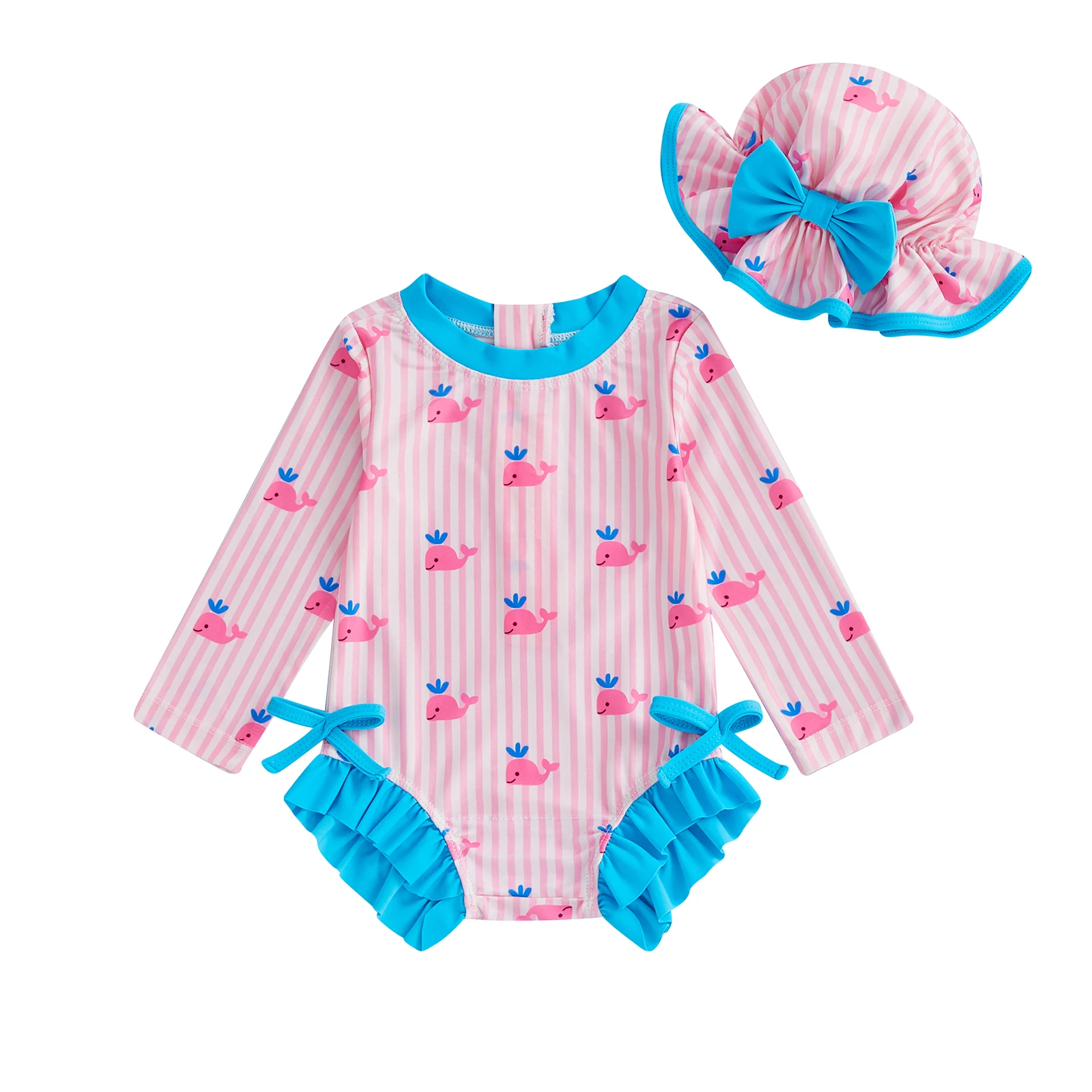 

Baby Girl Rash Guard Swimsuit and Hat 2 Pcs Set Stripe Whale Print Long Sleeve Round Neck Romper Swimwears
