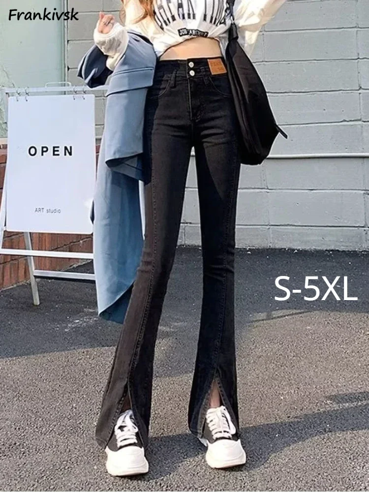 

Flare Jeans Women Front-slit Chic Slim Korean Commuting Style Ladies Trousers Fashion Hotsweet Prevalent Daily Simple Stretchy