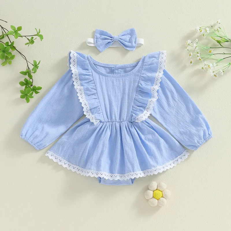 Newborn Baby Girls Fall Bodysuit Dress Lace Trim Long Sleeve Round Neck Jumpsuit with Bow Headband