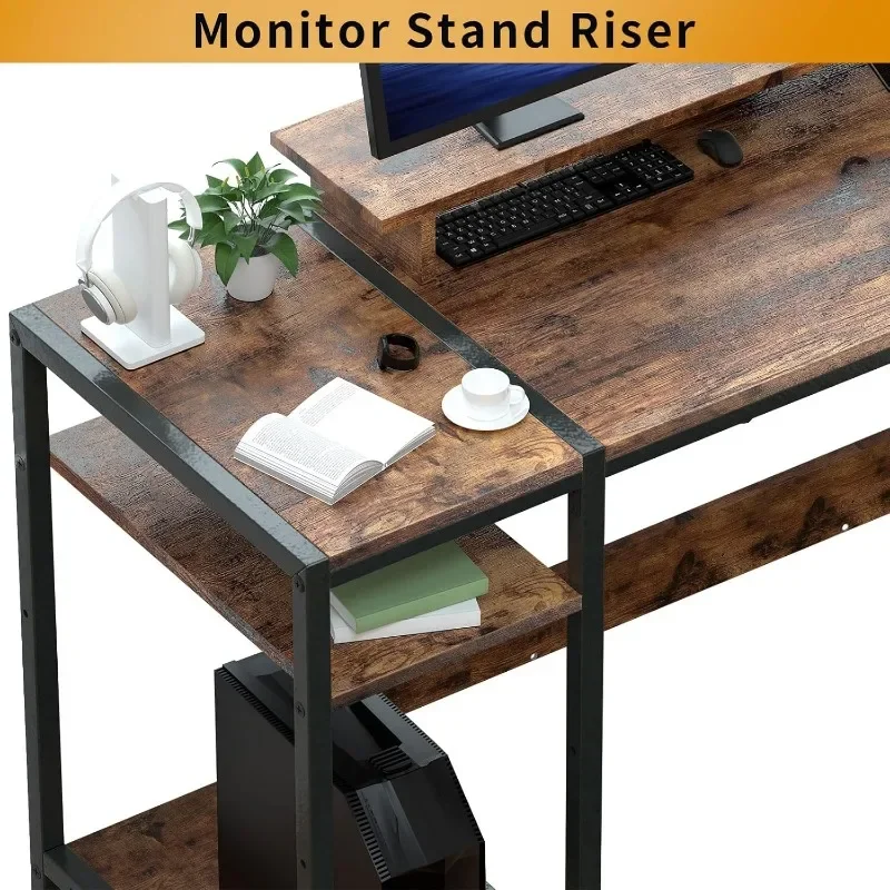 Gaming/Computer Desk - 47” Home Office Small Desk with Monitor Stand,Rustic Writing Desk for 2 Monitors,Adjustable Storage Space