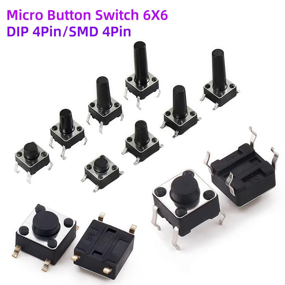 50PCS Micro Button Switch 6X6X4.3/5/6/7/8/9/10/11/12/13/14/15/16/17mm DIP 4Pin SMD 4Pin Patch Direct Insertion 6*6*5 Tact Switch
