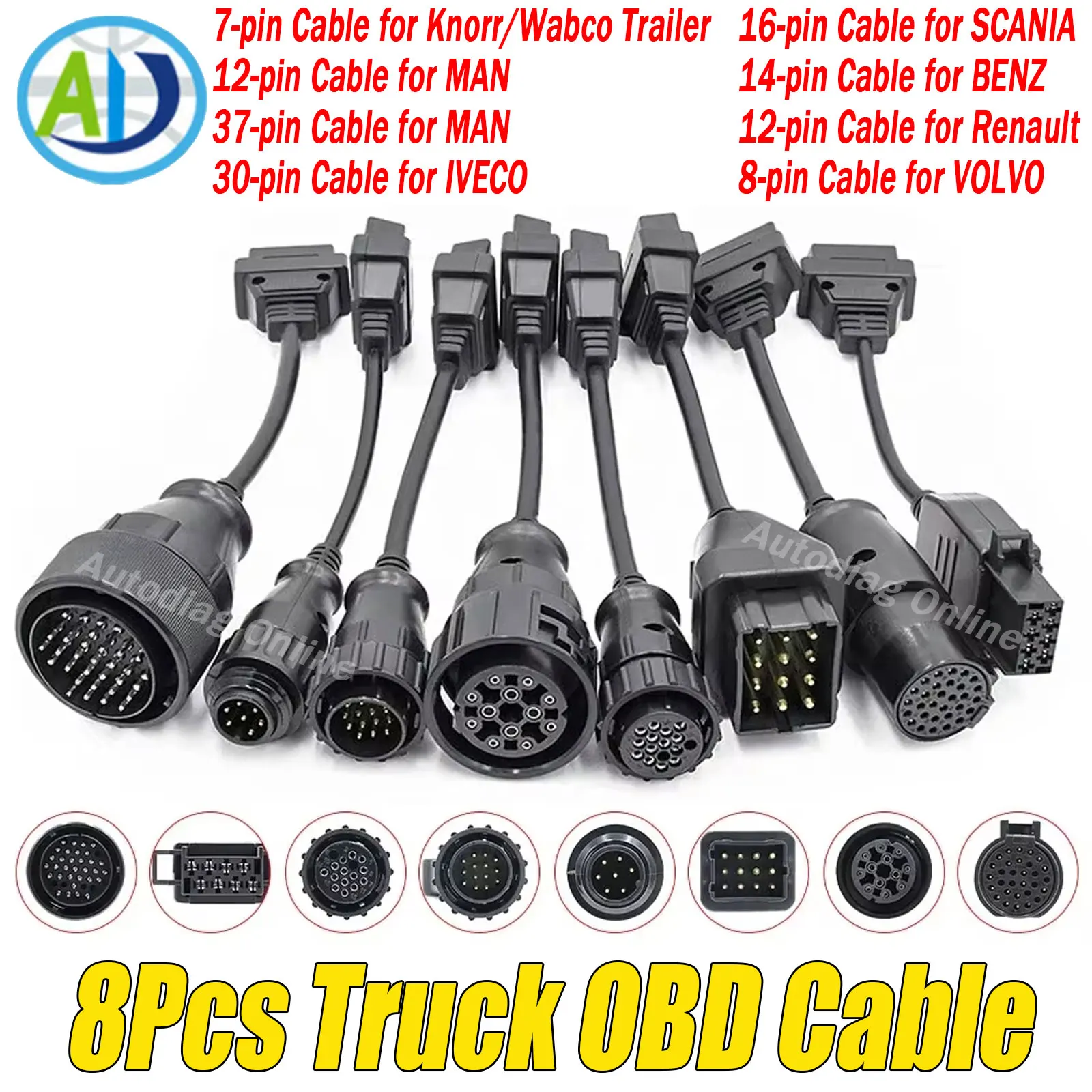 

8pcs Truck OBD Adapter Cable For Knorr/Wabco/MAN/IVECO/SCANIA/BENZ/Renault/VOLVO Trailer OBDII Diagnostic Cable For AutoCOM CDP+