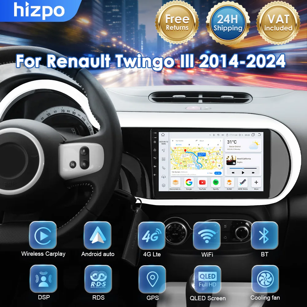 Hizpo 7862 Sistema Auto Intelligente per Renault Twingo 3 Ⅲ 2014 - 2024, Autoradio con Schermo da 9 Pollici, Carplay Wireless, GPS, Stereo, Lettore Multimediale, Telecamera a 360°