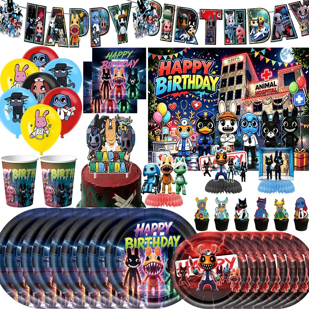 Animal Hospital Anomaly Theme Birthday Tableware Banner Balloons Horror Games Plate Cup Napkin Backdrop Boys Birthday Supplies