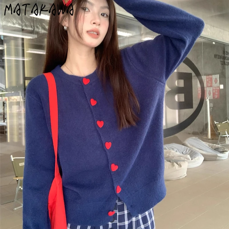 

Matakawa Cardigans Woman Colorful Hearts Buttons Vintage Autumn Winter Sweaters Korean Fashion Elegant O Neck Sueter Mujer