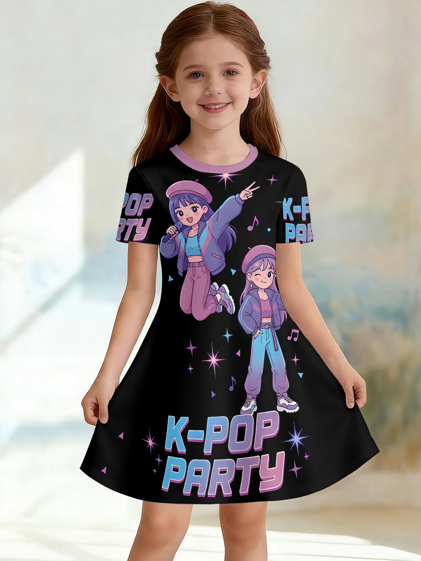 VGirls 3D Crew Neck A-line Dress, Girl Group Stage Colorful Trendy Color-block Print, Perfect for Parties and Birthday Gifts.
