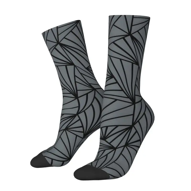 Custom Abstract Lines Geometric Fan Grey And Black Men Women Crew Socks Unisex Novelty Spring Summer Autumn Winter Dress Socks