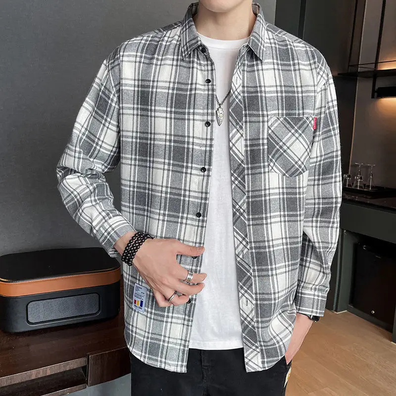 Men Vintage Classic Plaid Appliques Pocket Shirts Autumn Trendy Lapel Long Sleeve Loose Tops Casual Streetwear Camisas De Hombre