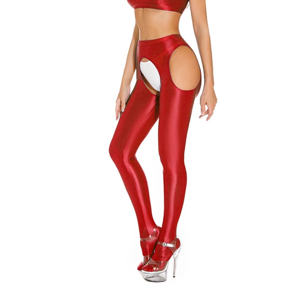 Women's Oil Shiny Sheer Open Crotch Leggings Stretch Skinny Dance Yoga Pants Fashion High Waist Ladies Pantyhose