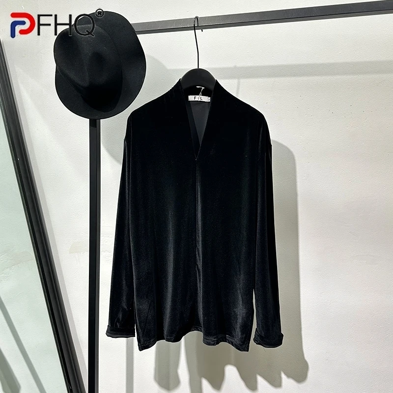 PFHQ Men\'s Velvet Glossy Surface Loose V-neck Long Sleeve T-shirt Trendy Summer Personality Comfortable Casual Male Tops 21Z4888