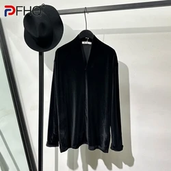 PFHQ Men's Velvet Glossy Surface Loose V-neck Long Sleeve T-shirt Trendy Summer Personality Comfortable Casual Male Tops 21Z4888