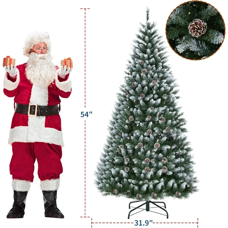 

4.5FT Pre-Lit Artificial Christmas Tree Snow Flocked with Pinecones Xmas Trees with Hinged Structure Foldable Metal Stand