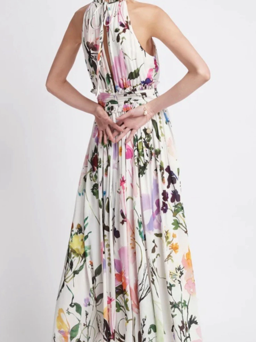 Vgh chiffon flor impressão meados de vestidos para mulheres halter sem mangas cintura alta retalhos cortar férias praia vestido verão novo