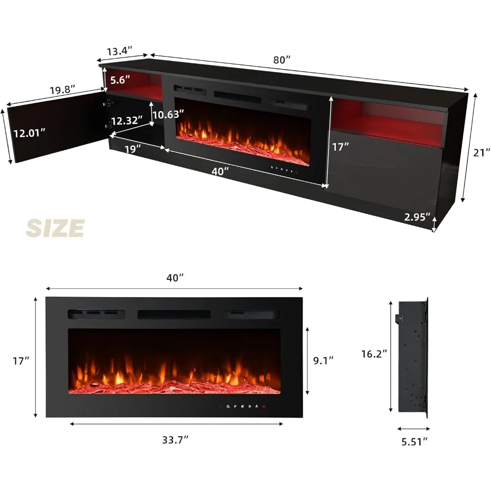 80'' Fireplace TV Stand with 40'' Electric Fireplace, 16 Color Led Lights and 12 Flame Fireplace Insert Heater