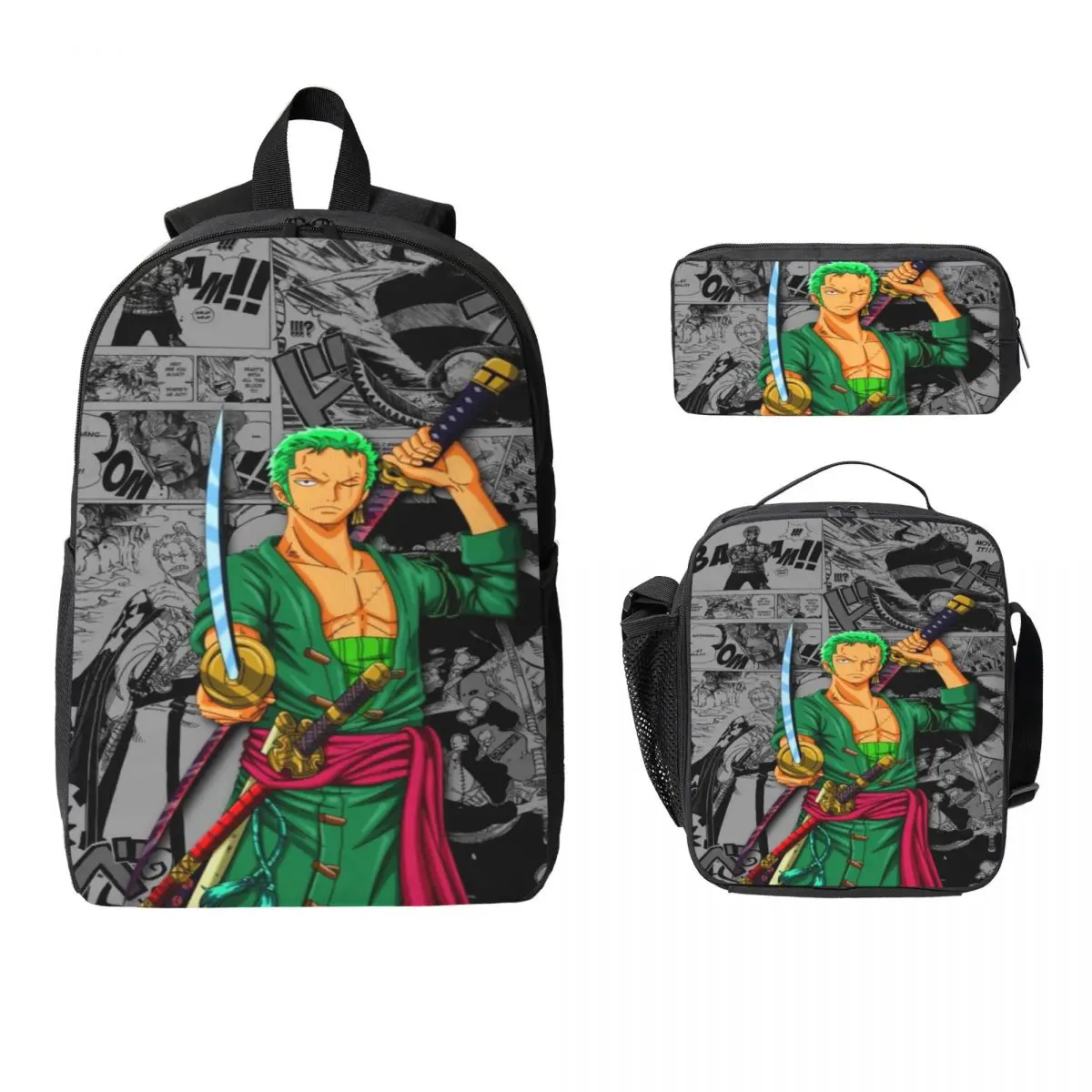 3Pcs Luffys O-one-pieces Accessories Backpack Set for Kids Pencil Boxes Bookbag Sets with Lunch Box For School Students Daypack
