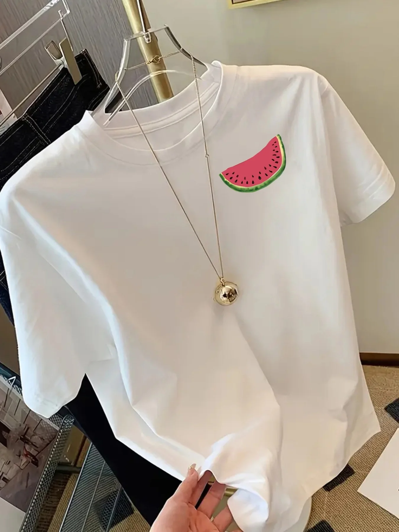 Top with Trim on The Front and Back Watermelon Pattern Fruit Print Round Neck Casual Harajuku Sleeve Casual Aesthetic Clothes