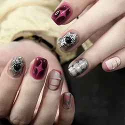 Wearable Stars Y2k Nails Press On Short Square 24pcs Fake Nails Silver Stripes False Nails Decoration Glitter Nail Tips Finished