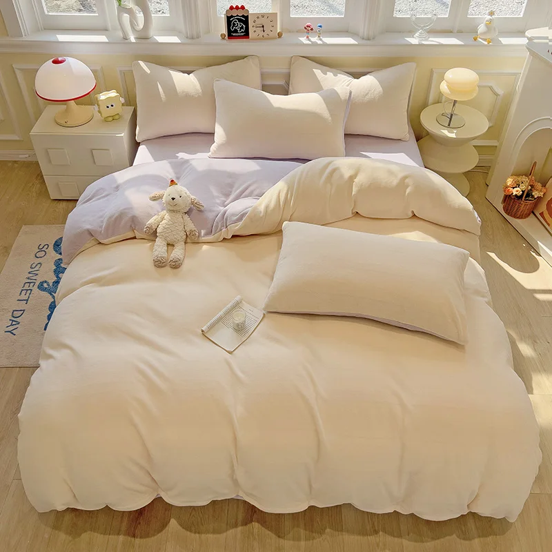 

New Simple Milk Velvet Warm Bedding Set Winter Soft Comfortable Queen Duvet Cover Set Warmth Coral Fleece Quilt Cover Sets Cozy