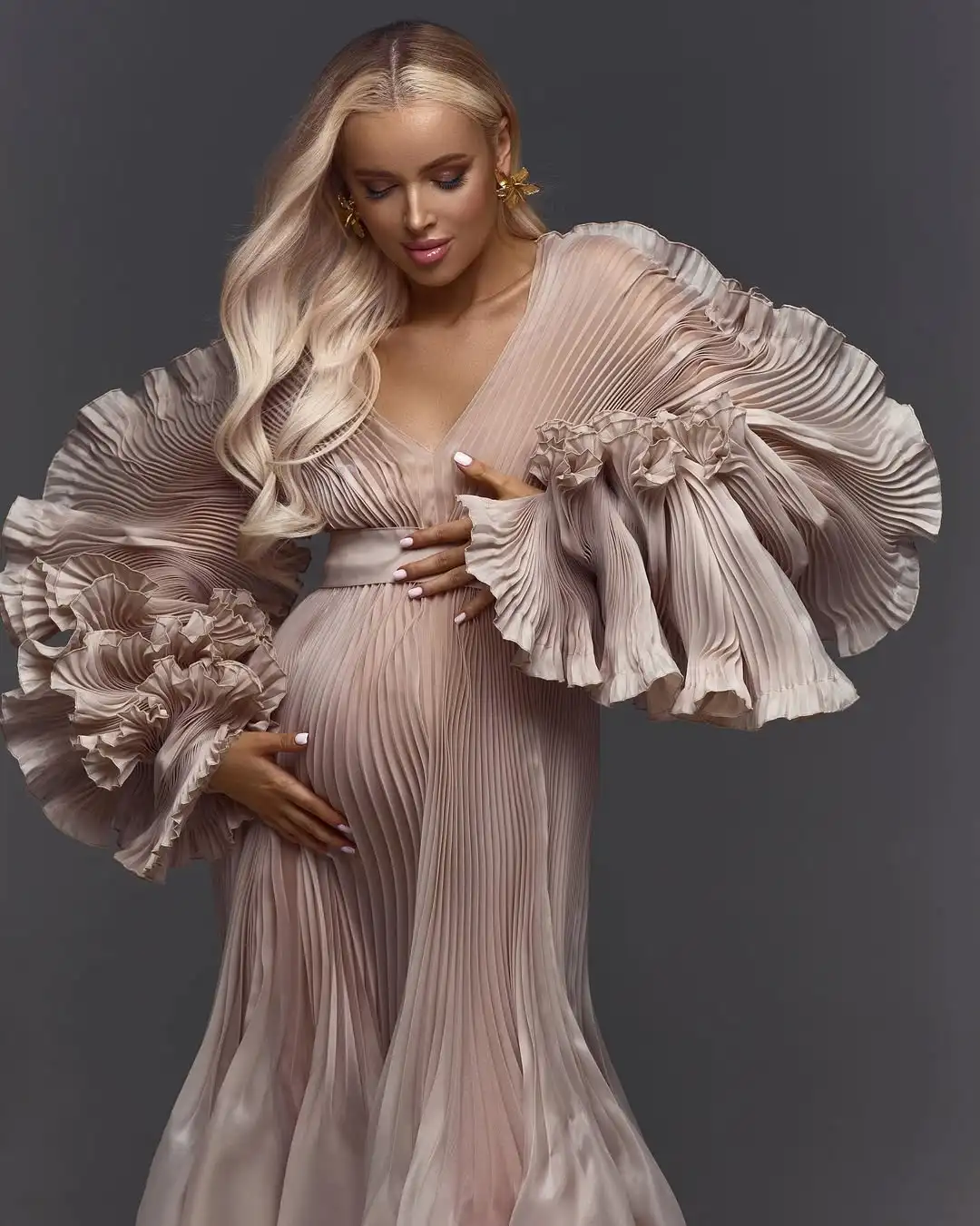 ขายร้อนจีบ Organza ชุดคลุมท้องถ่ายภาพ V คอพัฟแขนชุดคลุมท้องеSheer Custom