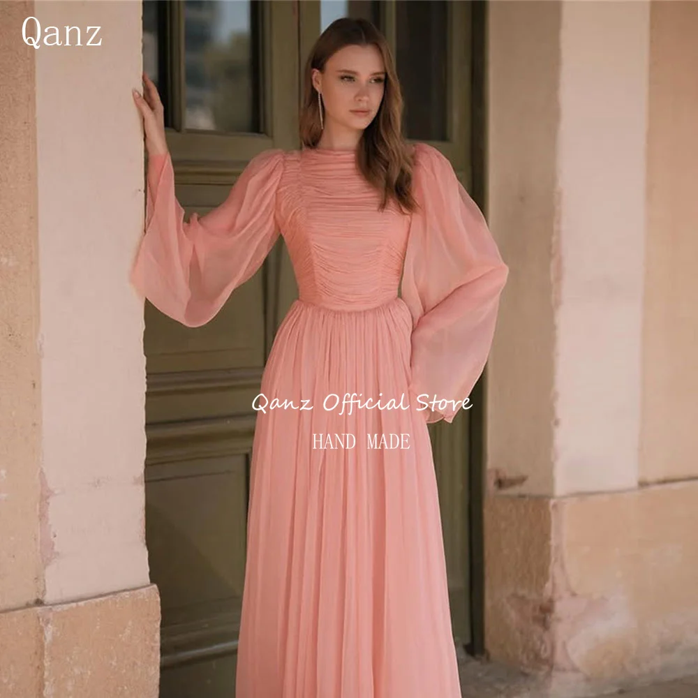 

Qanz Blush Pink Chiffon Prom Dress Long A Line Formal Evening Dresses Women Flare Sleeves Pleat Robe Soirée Femme Customized