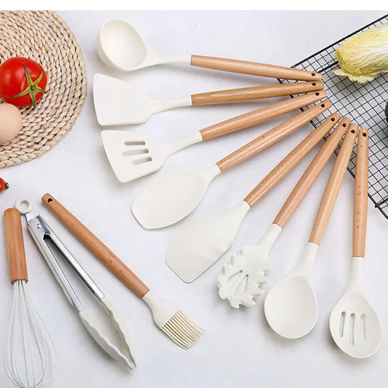 White Silicone Kitchenware Non-Stick Cookware Kitchen Utensils Set Spatula Shovel Egg Beaters Wooden Handle Cooking Tool Set