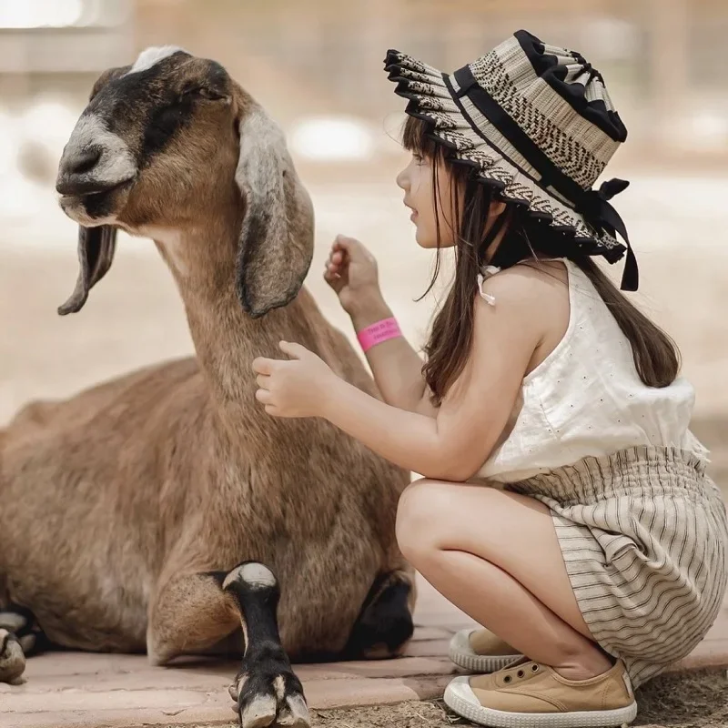 Parent-child Lorna Style Foldable Straw Hat Hand-woven Panama Straw Hat Personality Plaid Bow Sunscreen Children Sun Bucket Caps