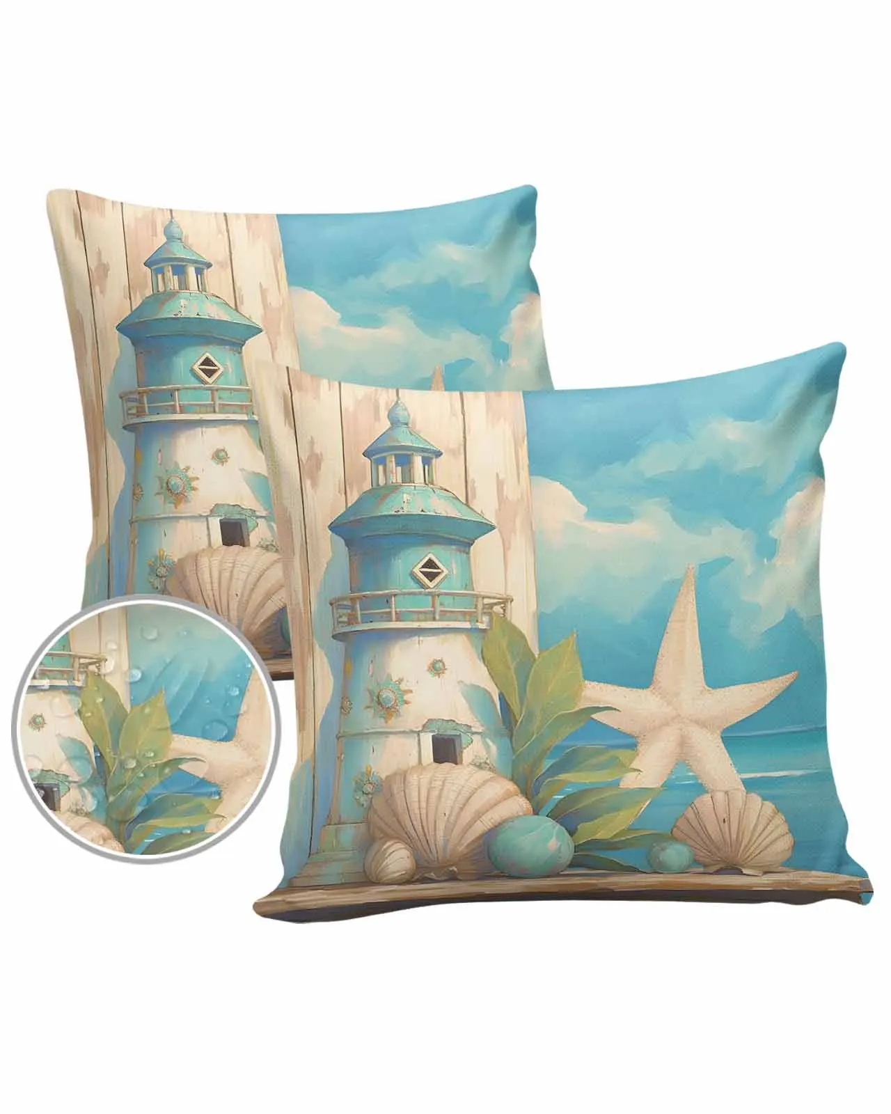 Summer Ocean Lighthouse Starfish Shell Waterproof Pillowcase Set Car Cushion Cover Home Sofa Office Decorative Pillowcase Cover