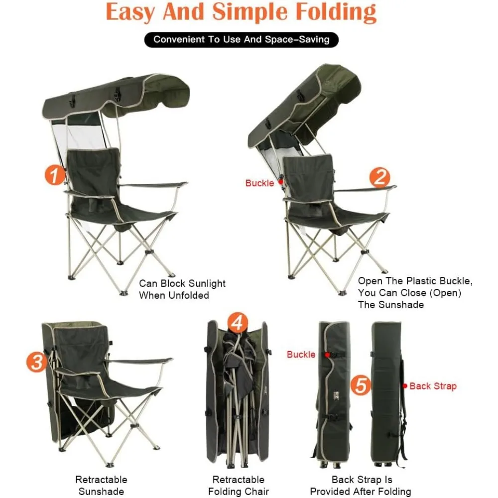 كرسي شاطئ قابل للطي مع مظلة للتخييم في الهواء الطلق، كرسي حديقة معزز باللون الأخضر الداكن والكاكي، مظلة شمسية قابلة للسحب f