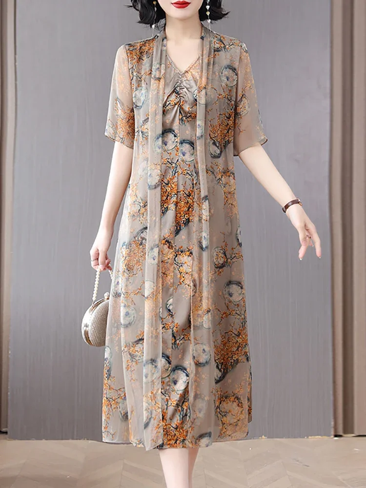 

Summer Floral Silk Chic Luxury Long Dress Korean Vintage Elegant Party Evening Dress Fashion Loose Dress for 40 Year Ladies J311