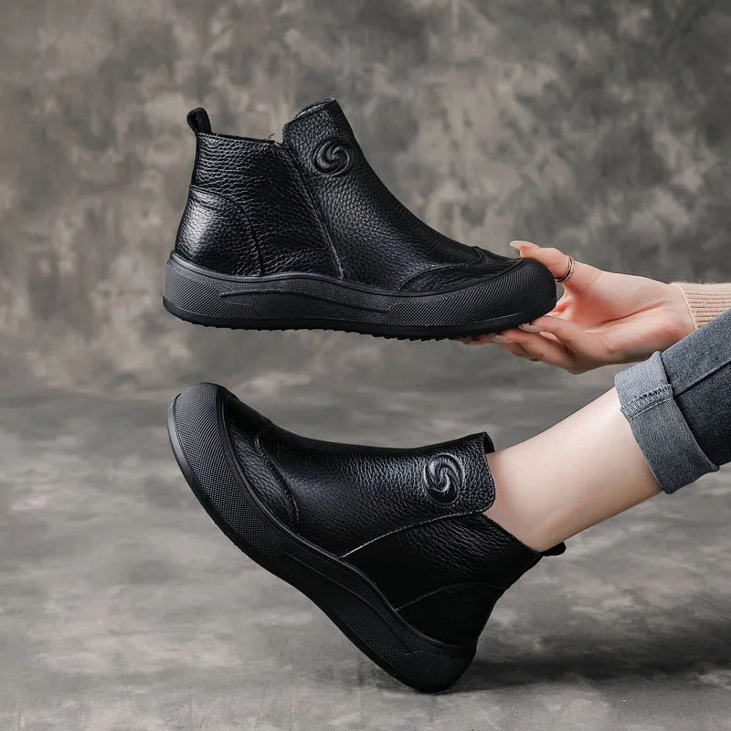 DRKANOL Women Winter Plush Warm Snow Boots Retro Style Flat Platform Side Zipper Round Toe Chunky Platform Mother Casual Boots