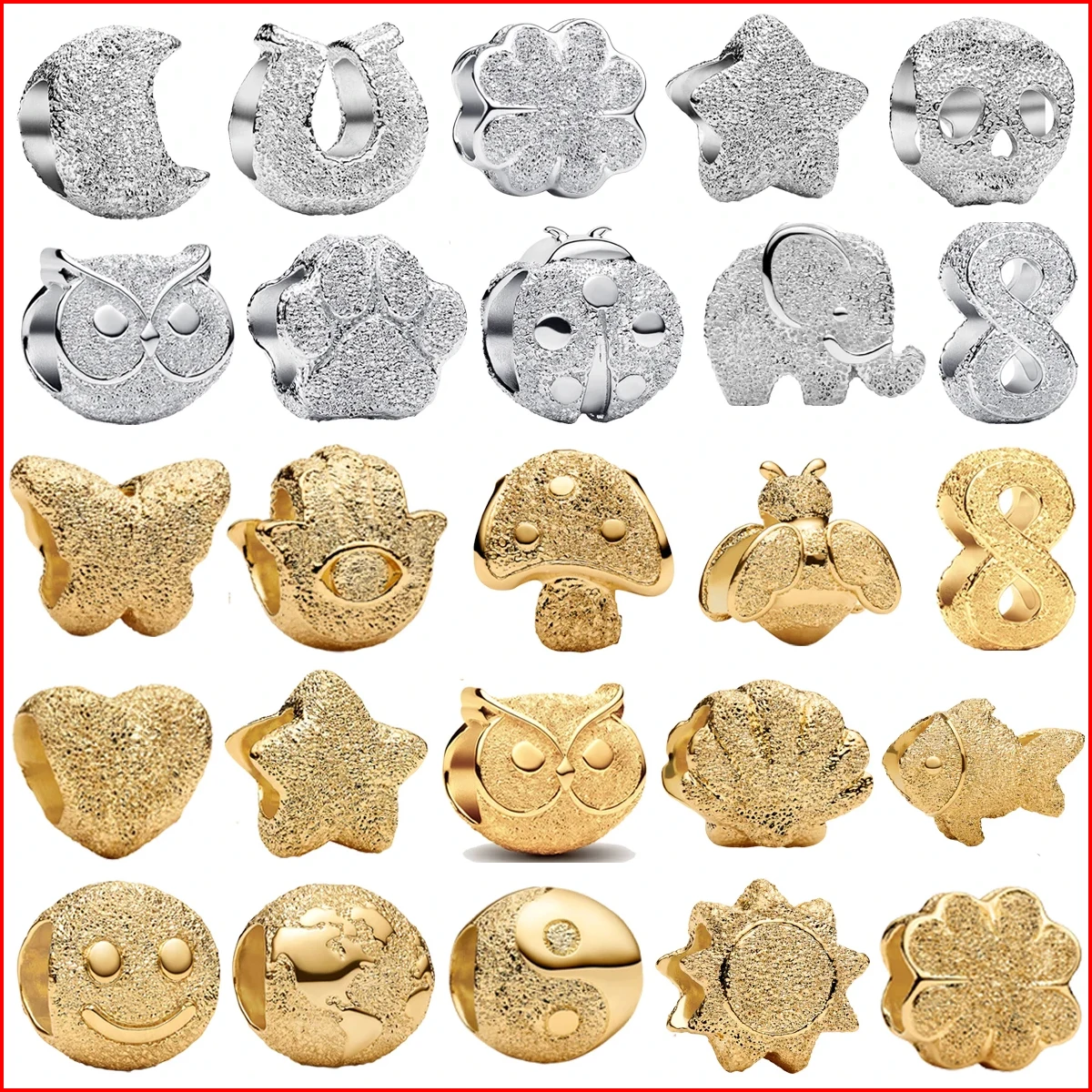 Ciondoli a tema misto in lega d'argento 925 perline luna trifoglio gufo elefante farfalla opaca glitter braccialetto adatto regalo di gioielli per le donne