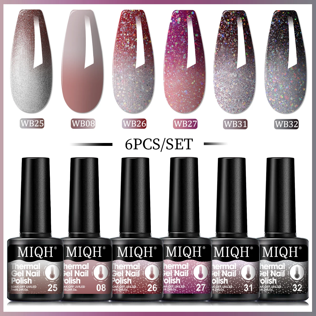 

MIQH 6-pack, 7ml each, temperature-sensitive gel nail polish set. This gel nail polish changes color with temperature, perfect f