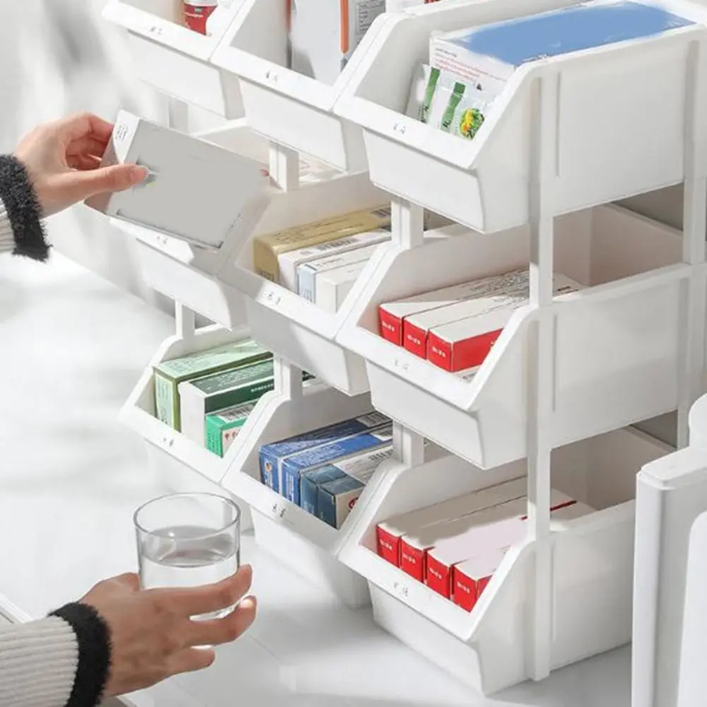 

Plastic Labelled Storage Bins Oblique Mouth Design Space Saving Desktop Storage Box White/Grey Grooved Storage Boxes Jewelry