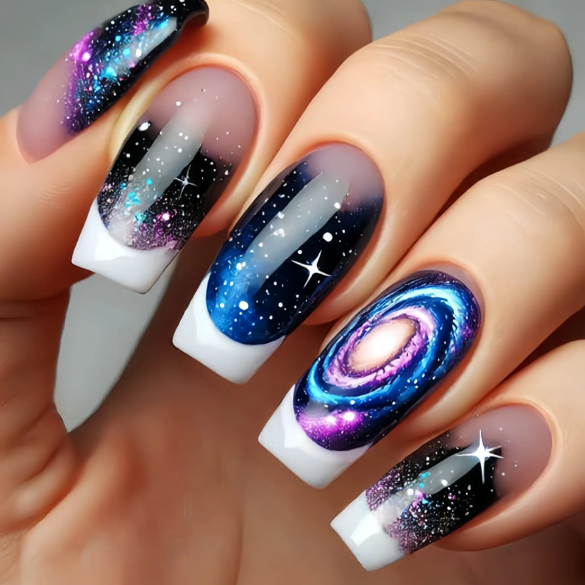 24pcs/set Medium long square fake nails for women starry sky gradient black blue purple moon star design press on false nails