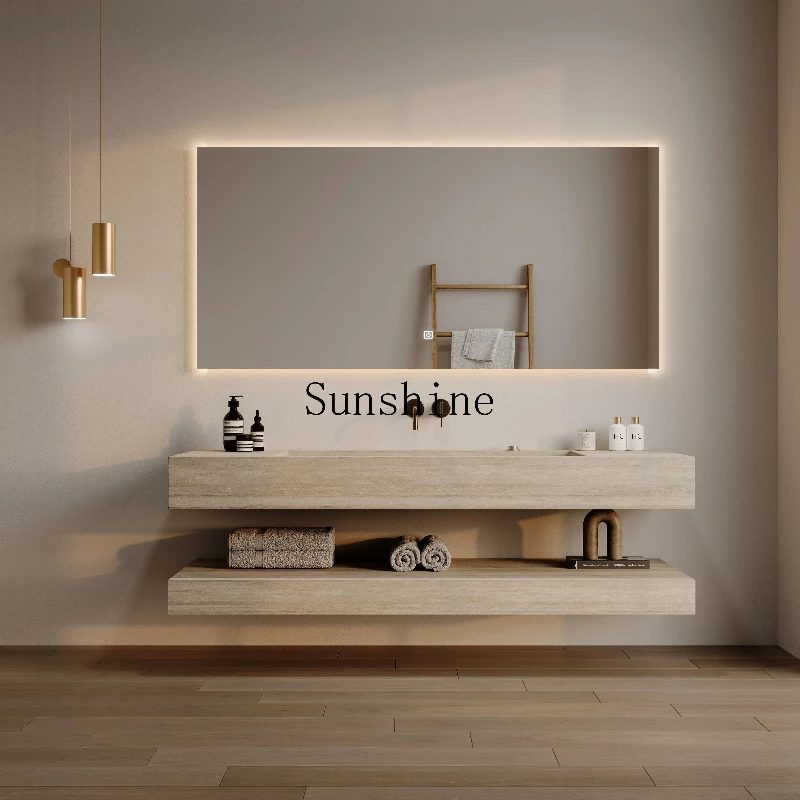 

Rock slab integrated seamless basin bathroom cabinet combined bathroom commercial travertine sink