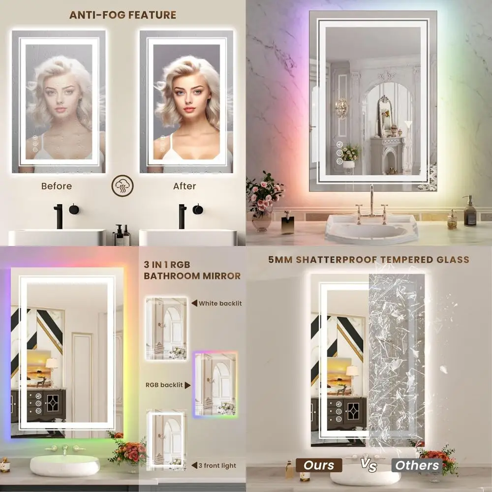 20x28 LED Illuminated Bathroom Mirror with RGB Backlight, 3 Front Lights, Stepless Dimmable, Anti-Fog, Memory Function, Shatter-