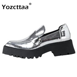 Yozcttaa Size 35-39 Women Casual Loafer Pumps Real Leather Silver Platform Shoes Thick High Heel Vintage 2025 Spring Office Lady