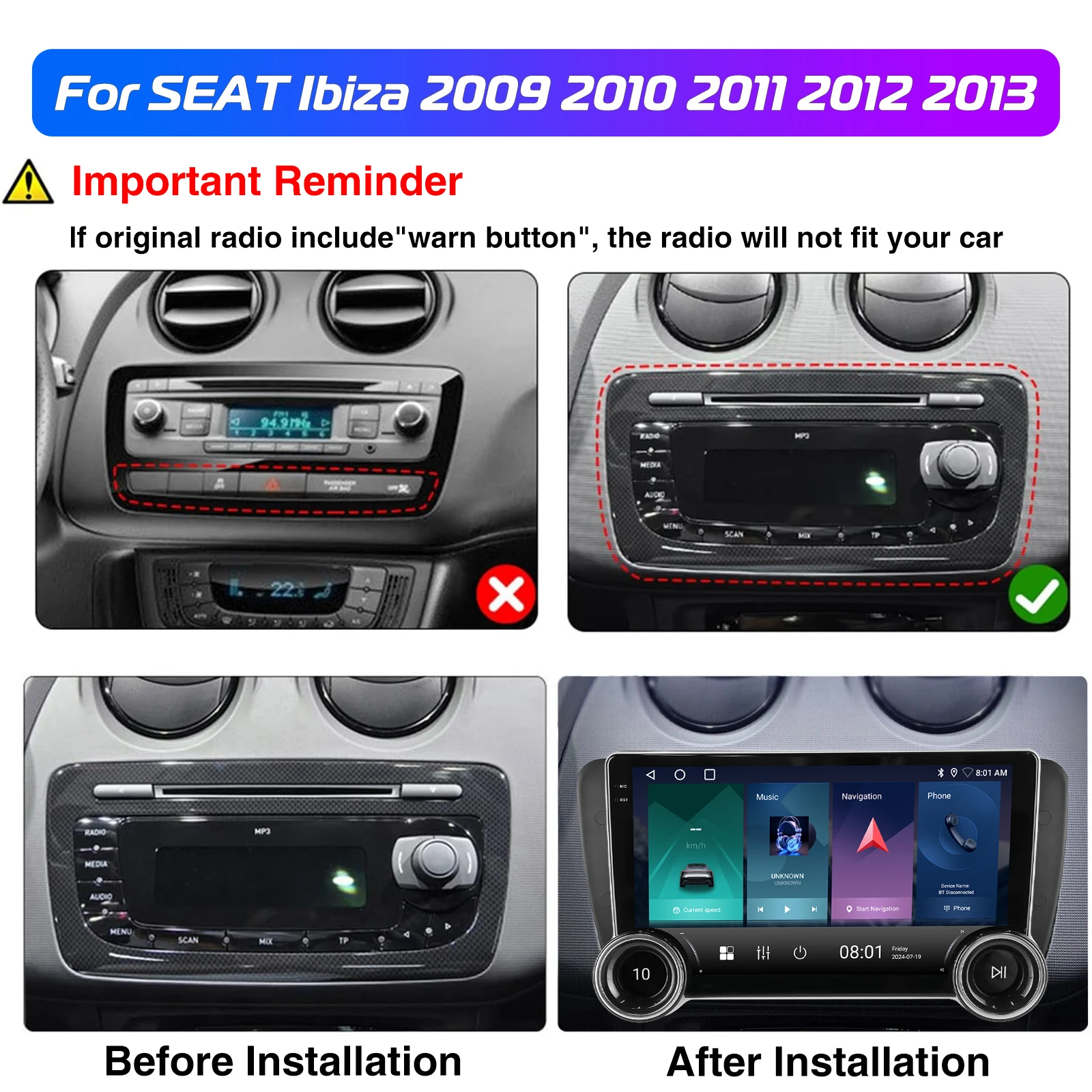 ESSGOO 10'' 32/64G Android 15 Autoradio Für Seat Ibiza 6J 2009-13 Carplay Android Auto GPS Navi WIFI BT FM RDS Mit Doppel Knopf – Detail 4