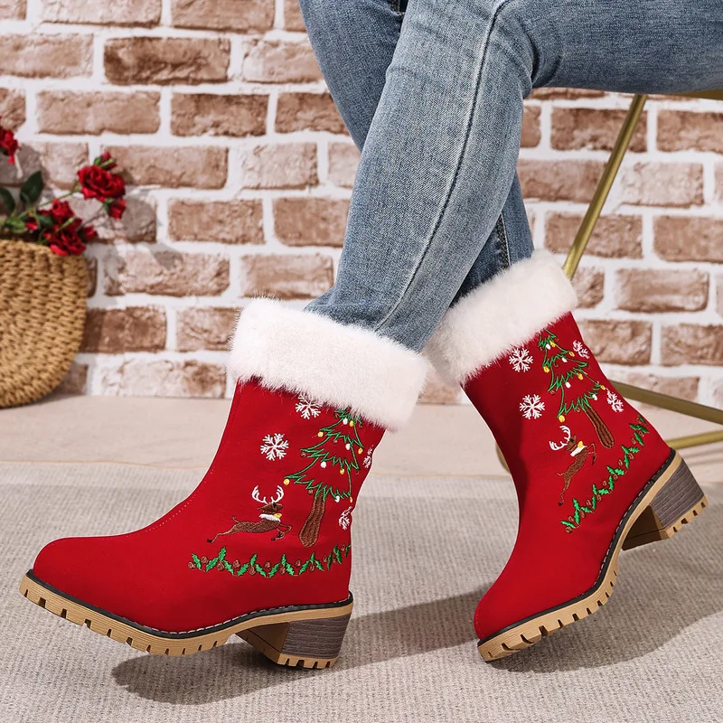 Free Shipping Women Christmas Embroidered Mid Calf Boots Faux Fur Trim Block Heel Red Holiday Boots, Best Seller