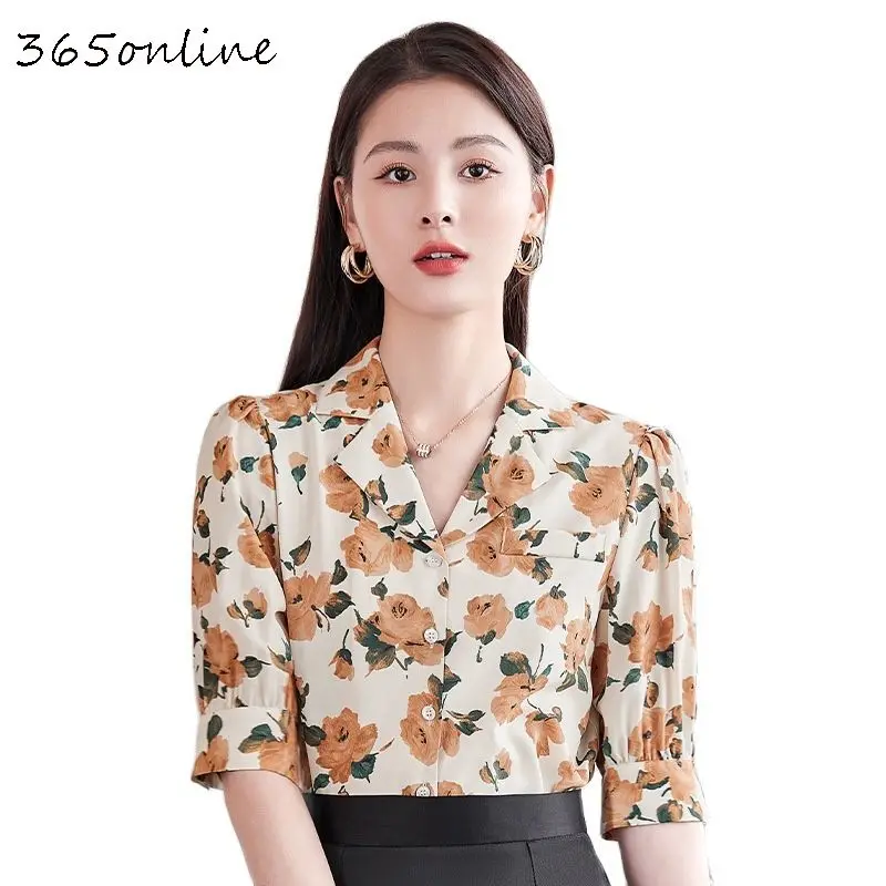 

Fashion Floral Spring Summer Half Sleeve Blouses Shirts Ladies Office OL Style Women Blouse Business Work Wear Shirts Tops