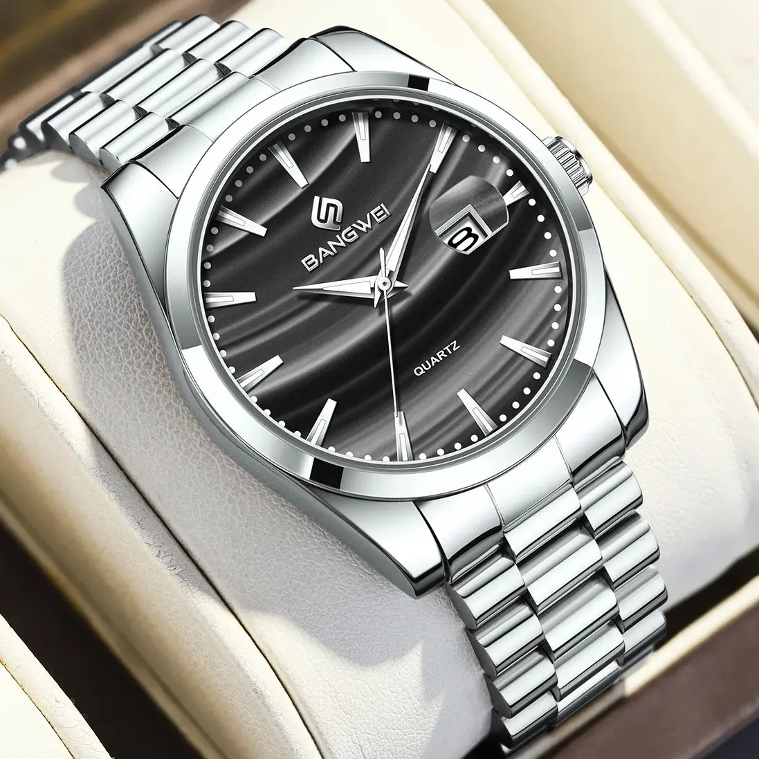 

Мужские наручные часы BANGWEI 2026, простые деловые часы с подсветкой, календарем, кварцевые, модные, для мужчин, reloj hommes + коробка
