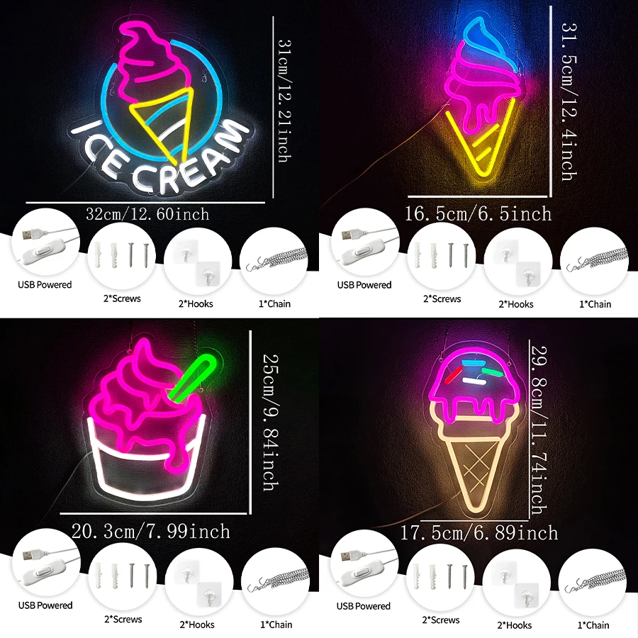 Ice Cream Series Neon Sign For Wall Decor,Light Up Sign For Ice Cream Store,Bedroom,Drink Shop,Cafe,Office,Restaurant Decor