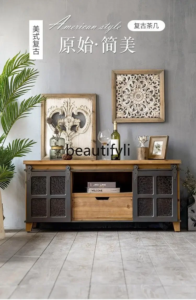 

Retro and old American industrial style solid wood coffee table tea table cabinet with roller movable coffee table B & B