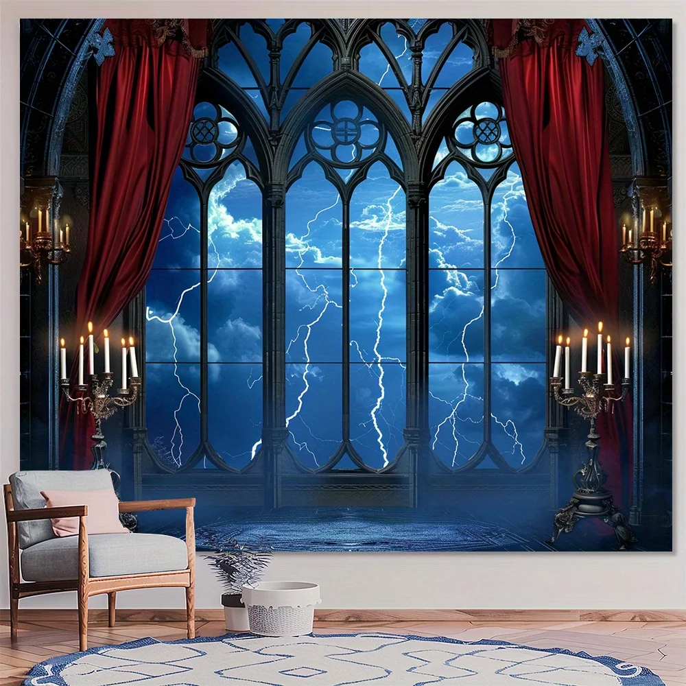 Gothic Vampire Castle and Moon Bat Background - Multi functional Party Decoration, Indoor/Outdoor Photo Props Banner