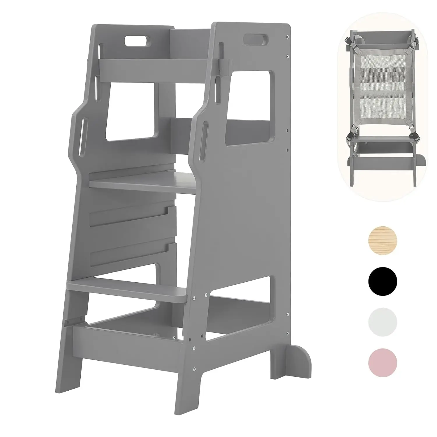 

Kids Kitchen Step Stool With Safety Net, 3-Level Height Adjustable Toddler Stool Helper, Montessori Child Standing Tower, Kids