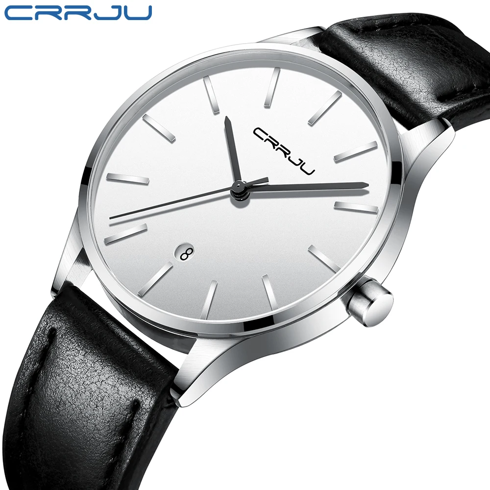 CRRJU Watches Mens Fashion Casual Waterproof Leather Strap Quartz with Date Relogio Masculino