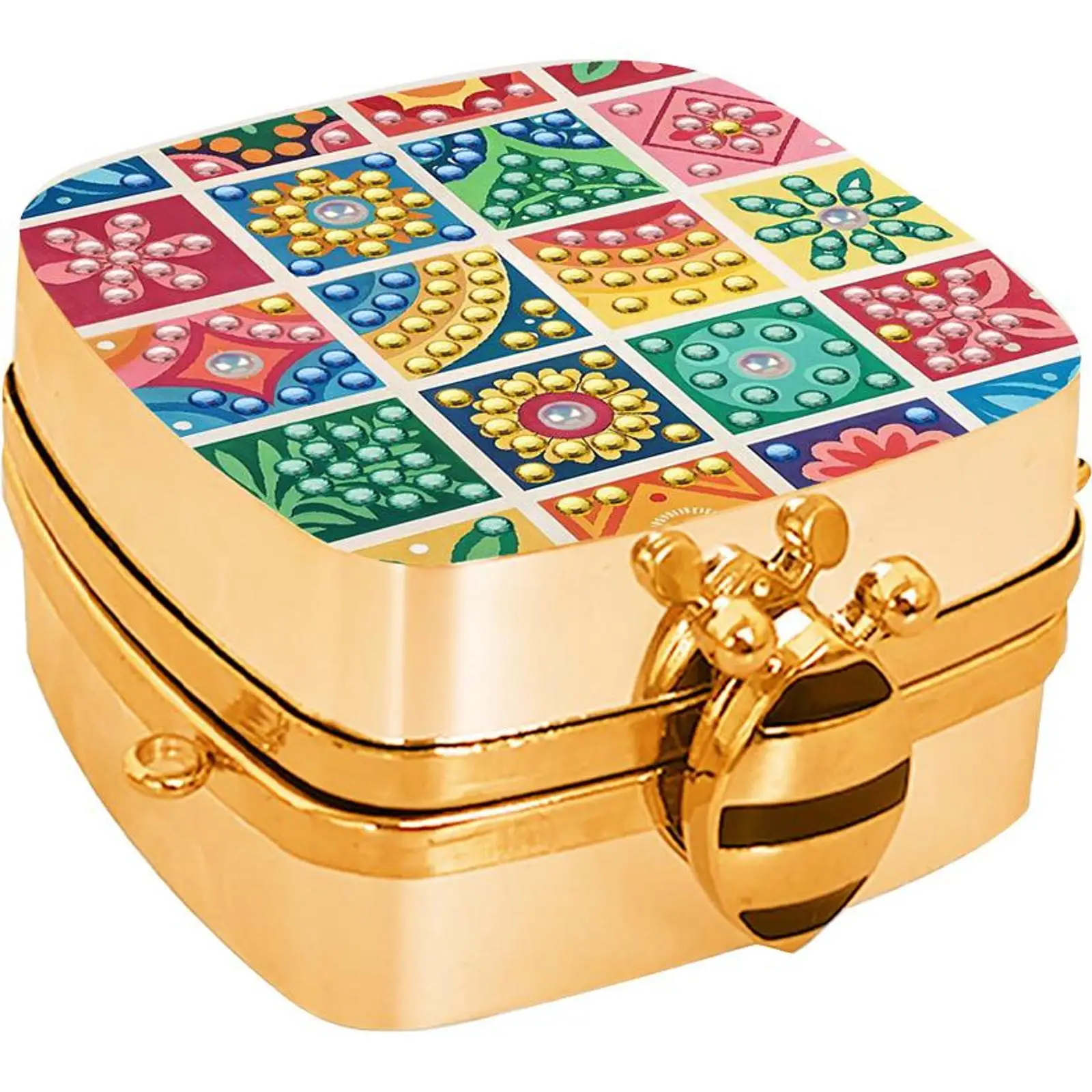 

Small Grid Diamond Painting Mirror Bag Rhinestone Jewelry Box for Women (Gold)